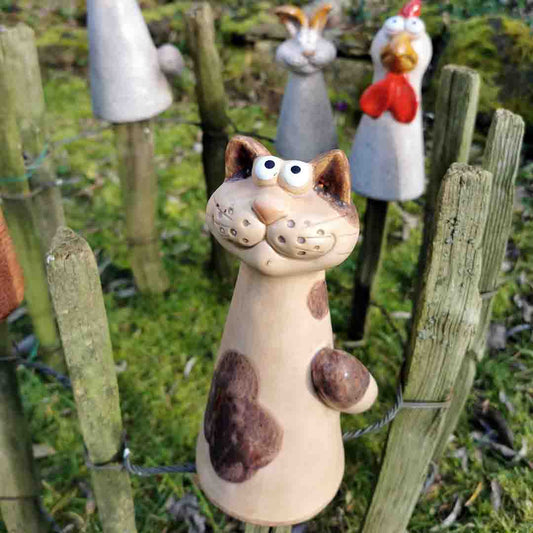 Zaunhocker Katze in braun Keramik