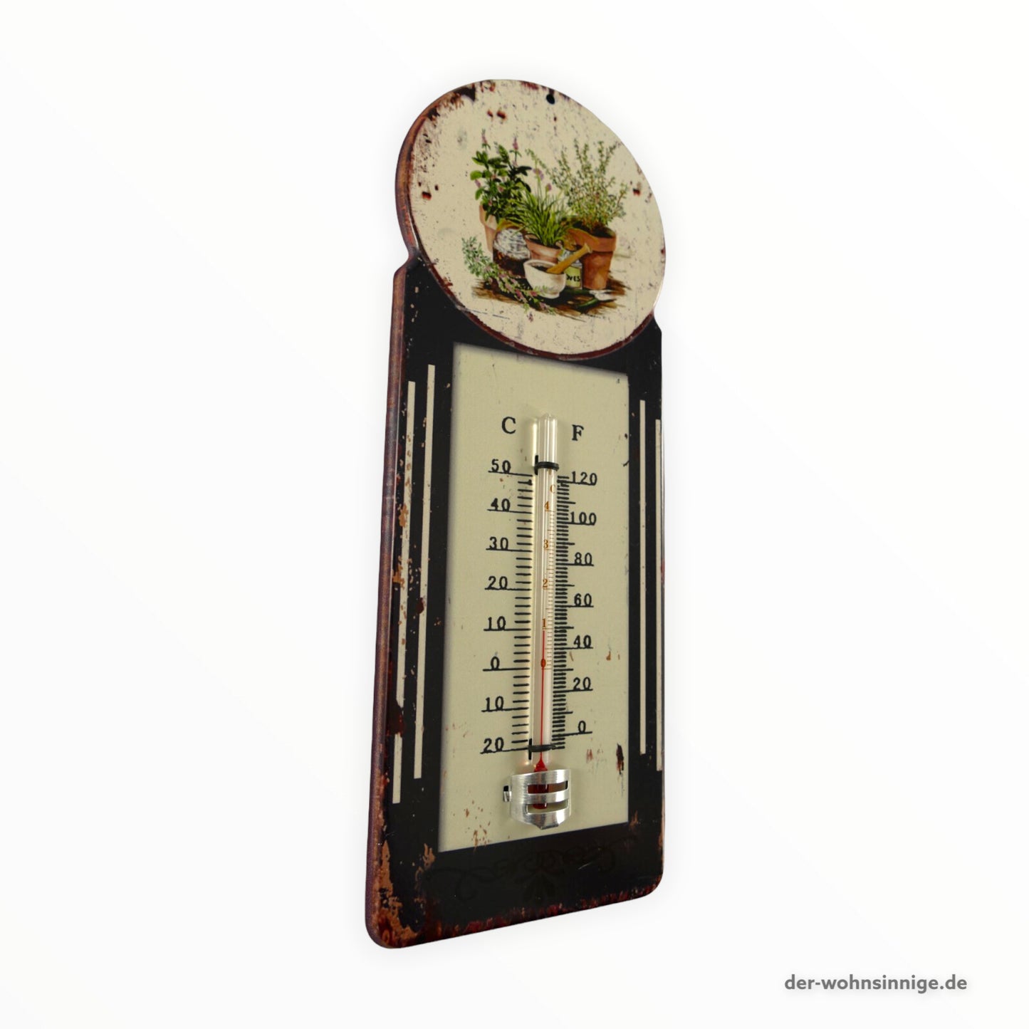 Thermometer auf einem Blechschild mit Kräuter Design