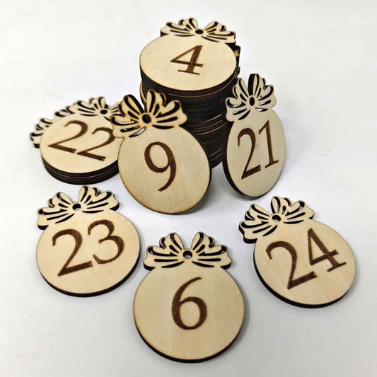 24 Anhänger für Adventskalender Holz graviert rund (Kugel)