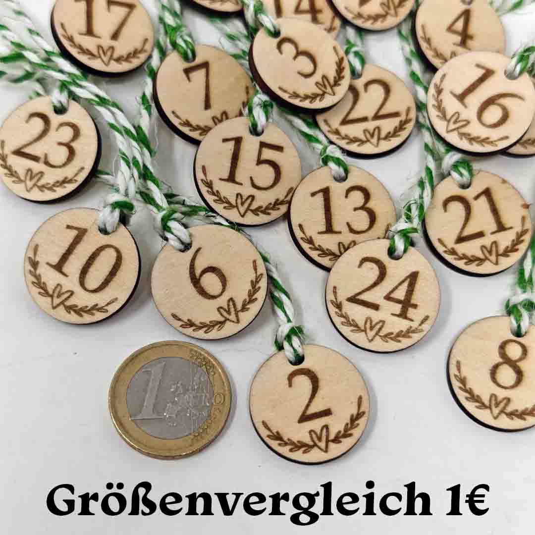 24 Anhänger für Adventskalender Holz graviert rund