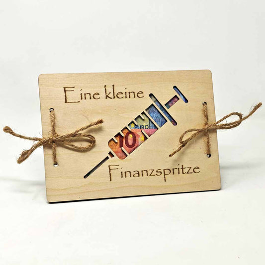 Holzkarte Kleine Finanzspritze – für Geldgeschenke & Gutscheine