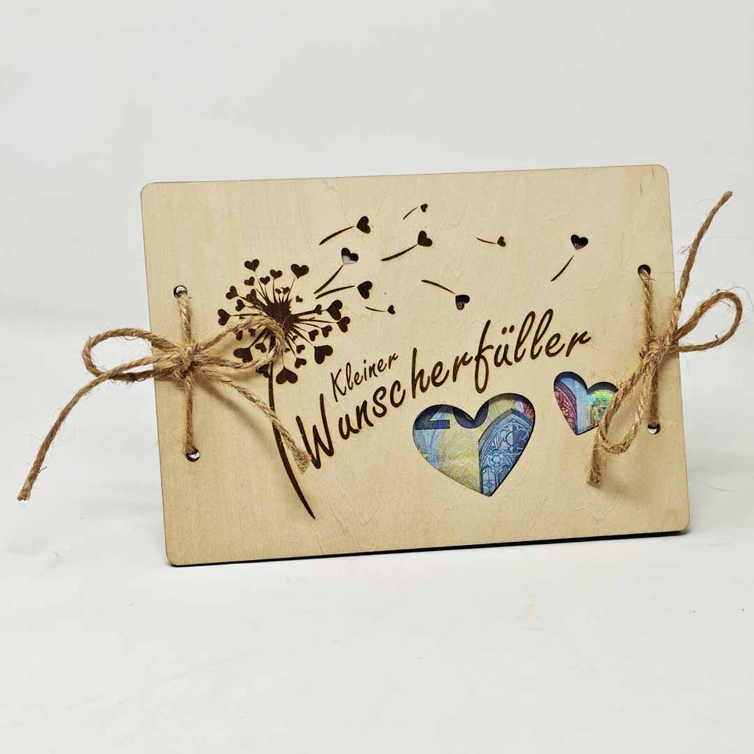 Kleiner Wunscherfüller Holzkarte für Geldgeschenke oder für Gutscheine