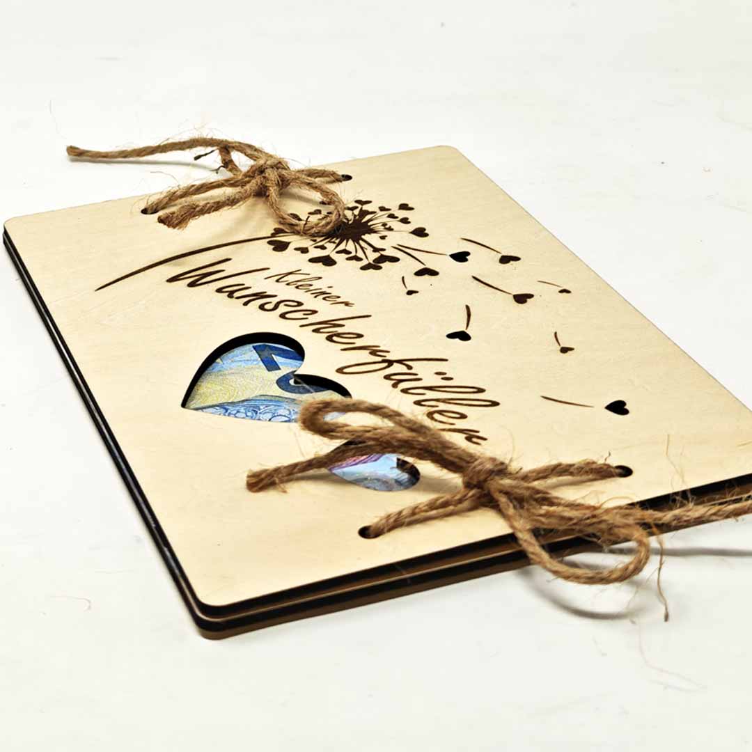 Kleiner Wunscherfüller Holzkarte für Geldgeschenke oder für Gutscheine