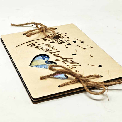 Kleiner Wunscherfüller Holzkarte für Geldgeschenke oder für Gutscheine