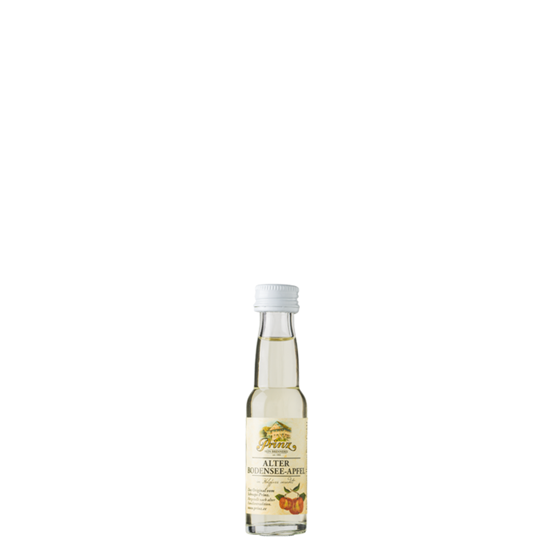 Prinz Alter Bodensee-Apfel 41 % vol. – 0,02-l-Miniaturflasche vor weißem Hintergrund