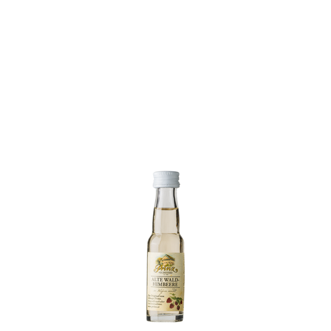Prinz Alte Wald-Himbeere 41 % vol. – 0,02-l-Miniaturflasche vor weißem Hintergrund