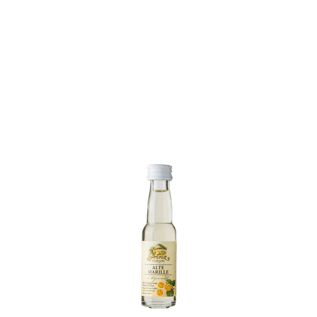 Prinz Alte Marille 41 % vol. – 0,02-l-Miniaturflasche vor weißem Hintergrund