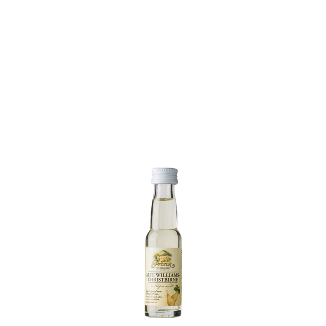 Prinz Alte Williams-Christbirne 41 % vol. – 0,02-l-Miniaturflasche vor weißem Hintergrund