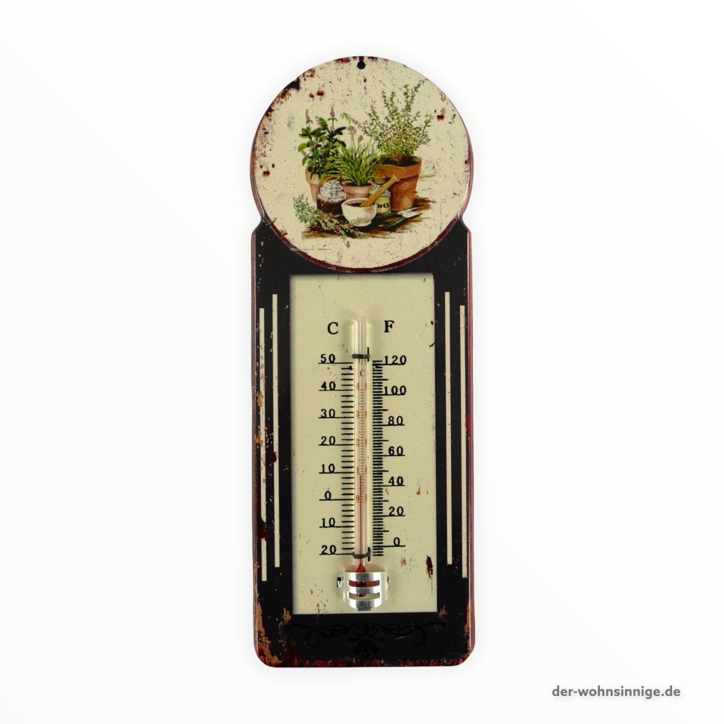 Thermometer auf einem Blechschild mit Kräuter Design